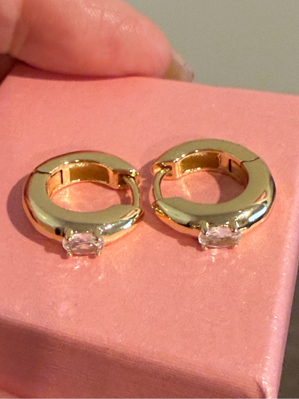 New Gold-Plated Hoop Earrings with Clear Stone Accent - Picture 2 of 5